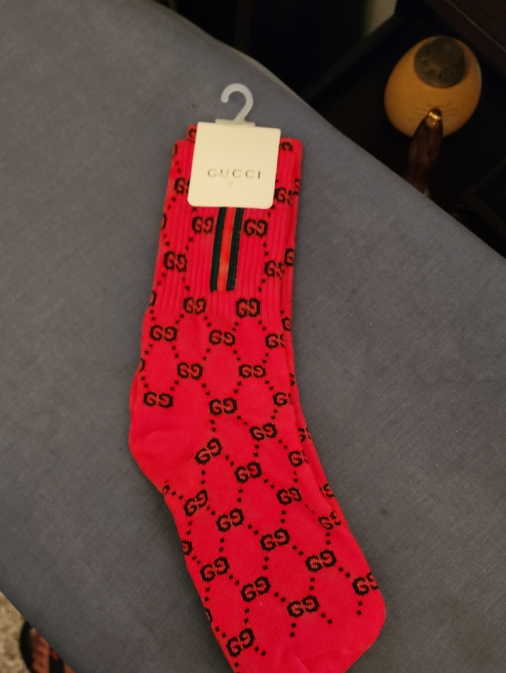 NWT LADIES Gucci Red Crew Socks with Black GG Pattern and Green-Red Stripe